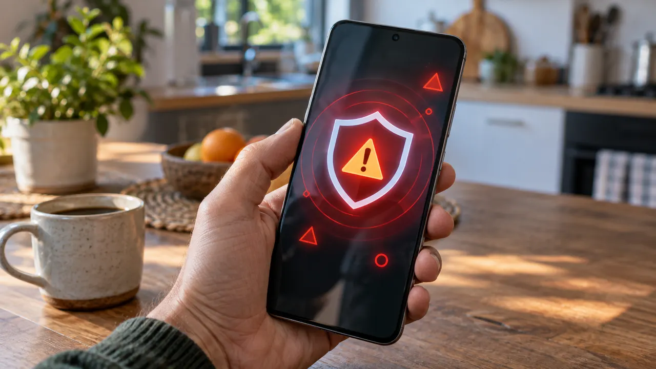 Pessoa segurando um celular Android que exibe um alerta de segurança em uma mesa de cozinha