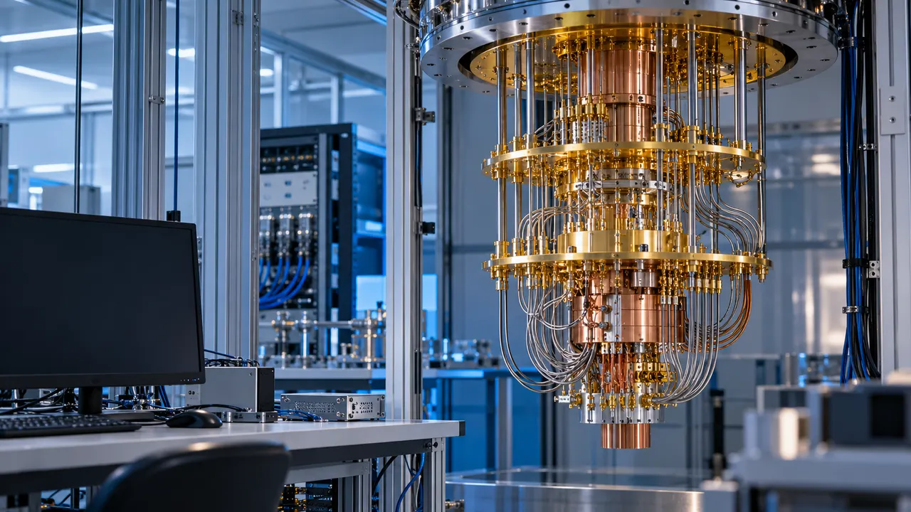 Equipamento criogênico com cabos e componentes metálicos em laboratório quântico