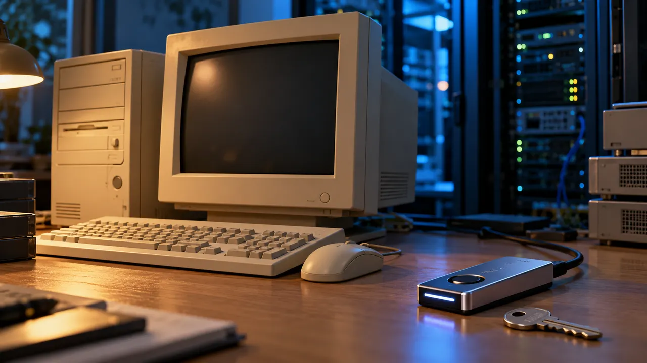 Computador antigo ao lado de dispositivo de segurança em bancada de laboratório