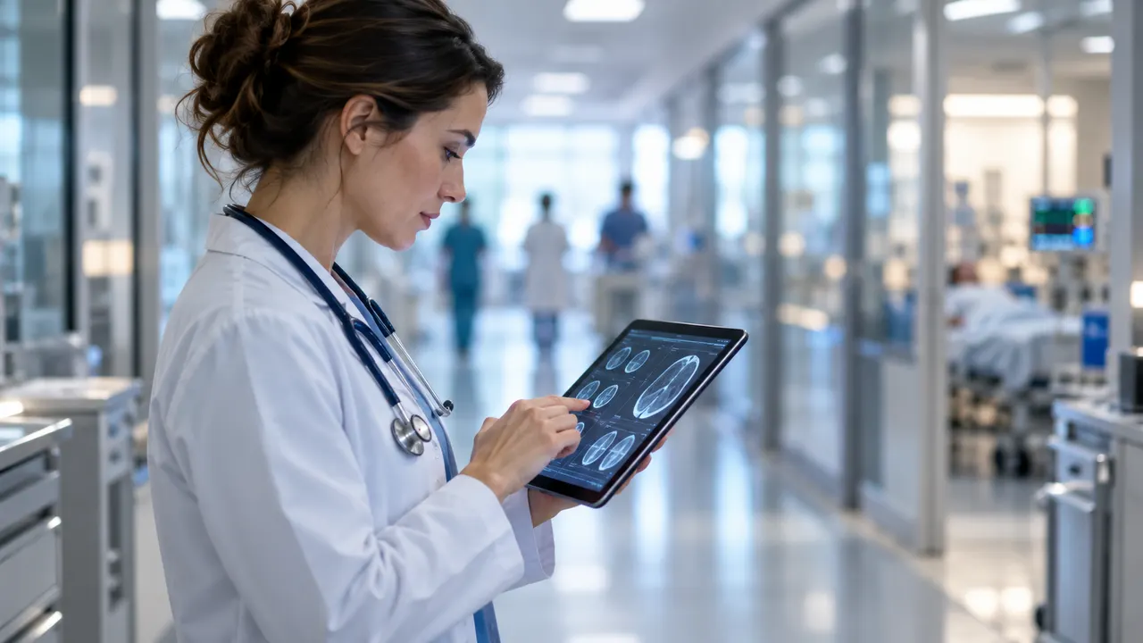 Médica de jaleco consultando um tablet em corredor de hospital